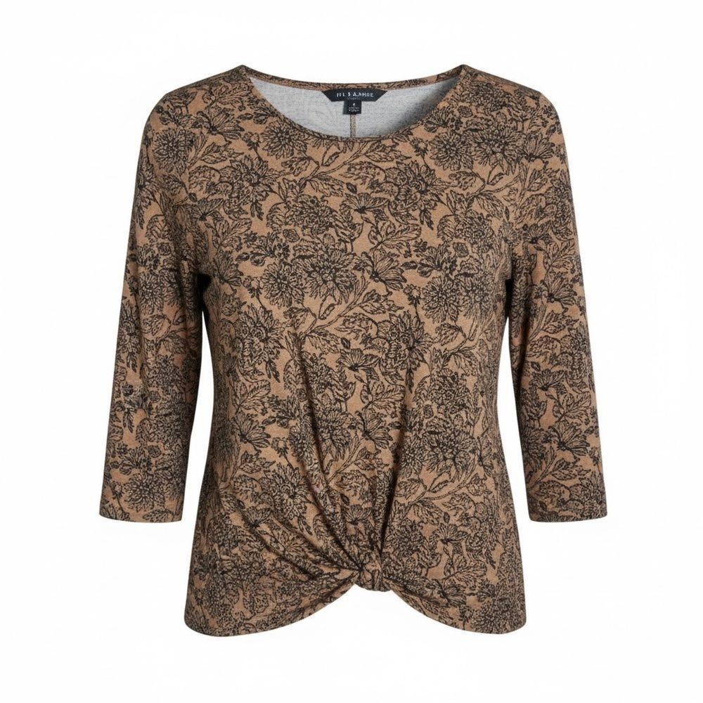 Zac & Rachel Twist Front Floral Quarter Sleeve Stretch Pullover Top Brown Medium